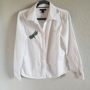 Tommy Hilfiger Woman Size L White Button Up Embroidered Dragon Fly & Logo Shirt